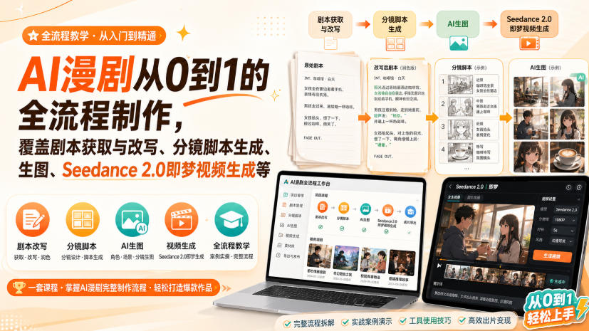 AI漫剧从0到1的全流程制作，覆盖剧本获取与改写、分镜脚本生成、角色场景生图与三视图、Seedance 2.0即梦视频生成(PDF版)-91副业网