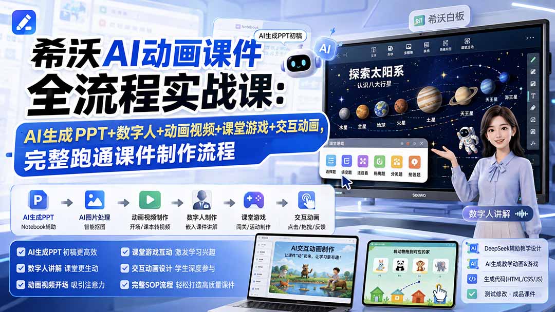 希沃AI动画课件全流程实战课:AI生成PPT+数字人+动画视频+课堂游戏+交互动画,完整跑通课件制作流程-91副业网