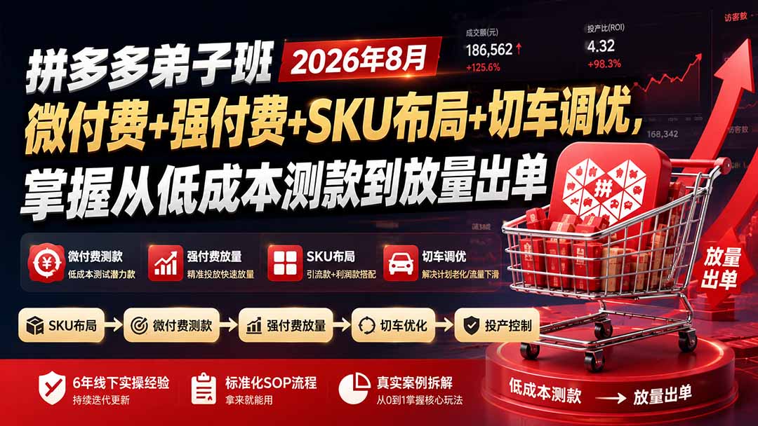 拼多多弟子班2026年8月:微付费+强付费+SKU布局+切车调优,掌握从低成本测款到放量出单-91副业网