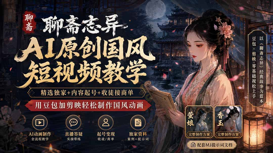 聊斋志异AI原创国风短视频教学-更新;精选独家+内容起号+收徒接商单,用豆包加剪映轻松制作国风动画-91副业网