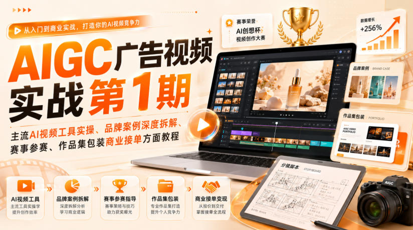 AIGC广告视频实战第1期，主流AI视频工具实操、品牌案例深度拆解、赛事参赛、作品集包装商业接单方面教程-91副业网