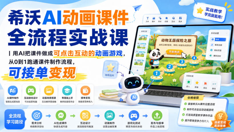 希沃AI动画课件全流程实战课｜用AI把课件做成可点击互动的动画游戏，从0到1跑通课件制作流程，可接单变现-91副业网