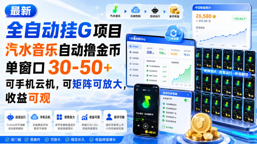 最新全自动挂G项目，汽水音乐自动撸金币单窗口30-50+，可手机云机，可矩阵可放大，收益可观-91副业网