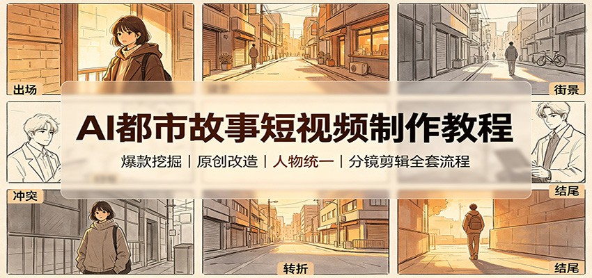 AI都市故事短视频制作教程:爆款挖掘原创改造,人物统一分镜剪辑全套流程-91副业网