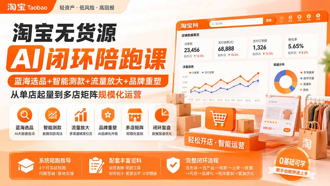 淘宝无货源AI闭环陪跑课:蓝海选品+智能测款+流量放大+品牌重塑,从单店起量到多店矩阵规模化运营-91副业网