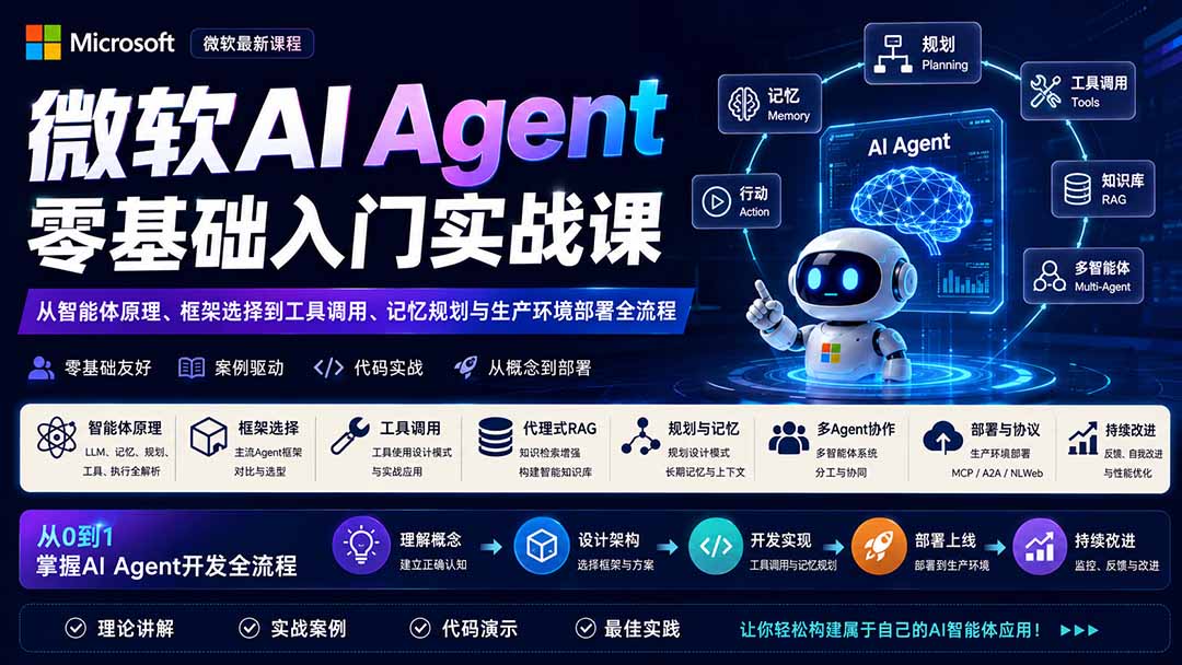 微软AI Agent零基础入门实战课：从智能体原理、框架选择到工具调用、记忆规划与生产环境部署全流程-91副业网