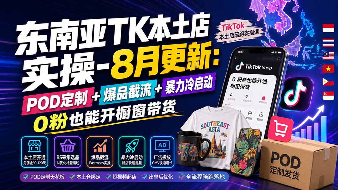 东南亚TK本土店实操-8月更新:POD定制+爆品截流+暴力冷启动,0粉也能开橱窗带货-91副业网