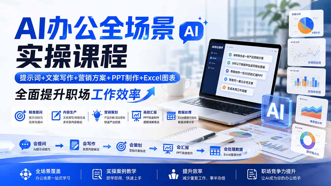 AI办公全场景实操课程：提示词+文案写作+营销方案+PPT制作+Excel图表，全面提升职场工作效率-91副业网