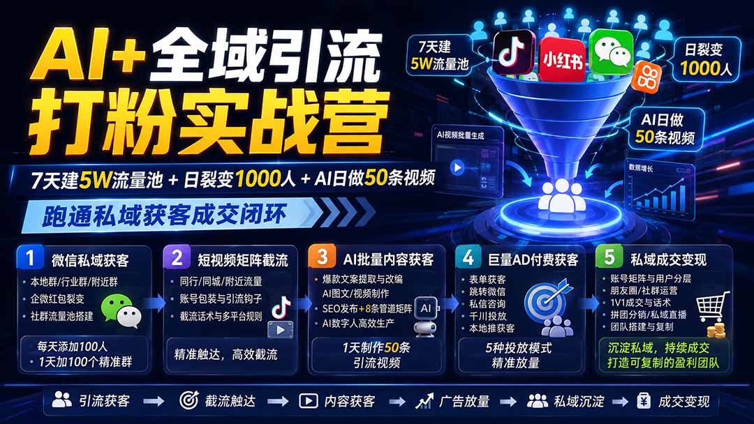 AI+全域引流打粉实战营：7天建5W流量池+日裂变1000人+AI日做50条视频，跑通私域获客成交闭环-91副业网