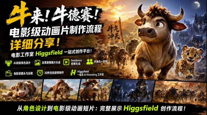 牛来！牛德赛！电影级动画片制作流程详细分享！电影工作室Higgsfield一站式创作平台，完整创作流程-91副业网