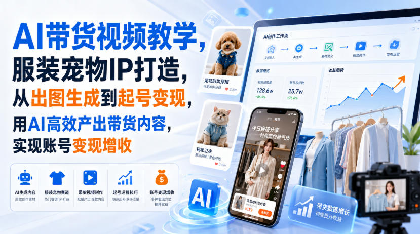 AI带货视频教学，服装宠物IP打造，从出图生成到起号变现，用AI高效产出带货内容，实现账号变现增收-91副业网