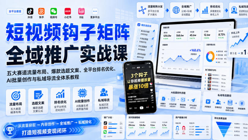 短视频钩子矩阵全域推广实战课|五大赛道流量布局、爆款选题文案、全平台排名优化、AI批量创作与私域导流全体系教程-91副业网