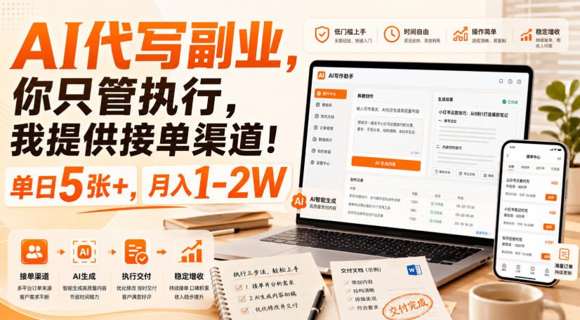 AI代写副业，你只管执行，我提供接单渠道！单日5张+，月入1-2W【揭秘】-91副业网