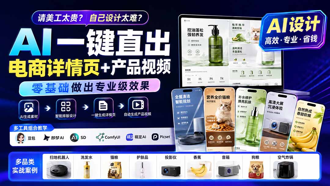 请美工太贵?自己设计太难?AI一键直出电商详情页+产品视频,零基础做出专业级效果 (更新0820-91副业网