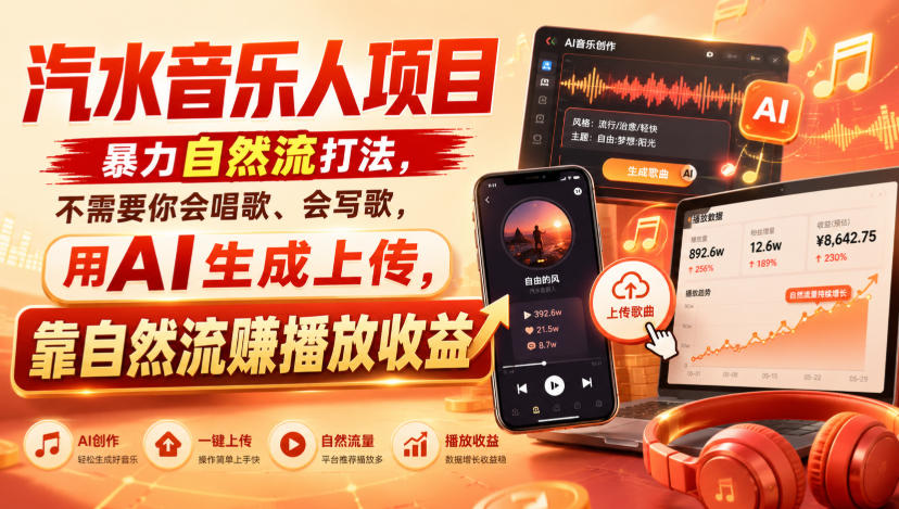 汽水音乐人项目，暴力自然流打法，不需要你会唱歌、会写歌，用AI生成上传，靠自然流賺播放收益-91副业网