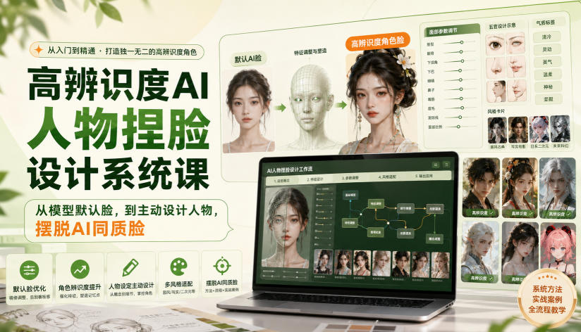 高辨识度AI人物捏脸设计系统课,从模型默认脸,到主动设计人物,摆脱AI同质脸-91副业网