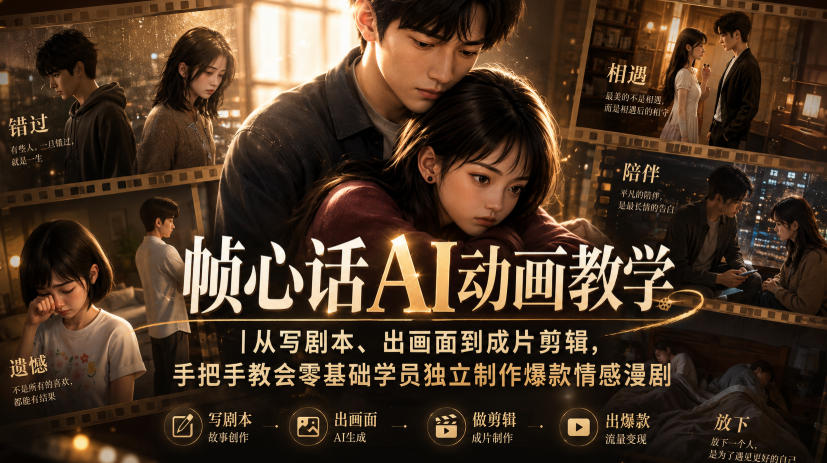 帧心话AI动画教学｜从写剧本、出画面到成片剪辑，手把手教会零基础学员独立制作爆款情感漫剧-91副业网