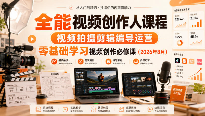 全能视频创作人课程，视频拍摄剪辑编导运营，零基础学习视频创作必修课(2026年8月)-91副业网