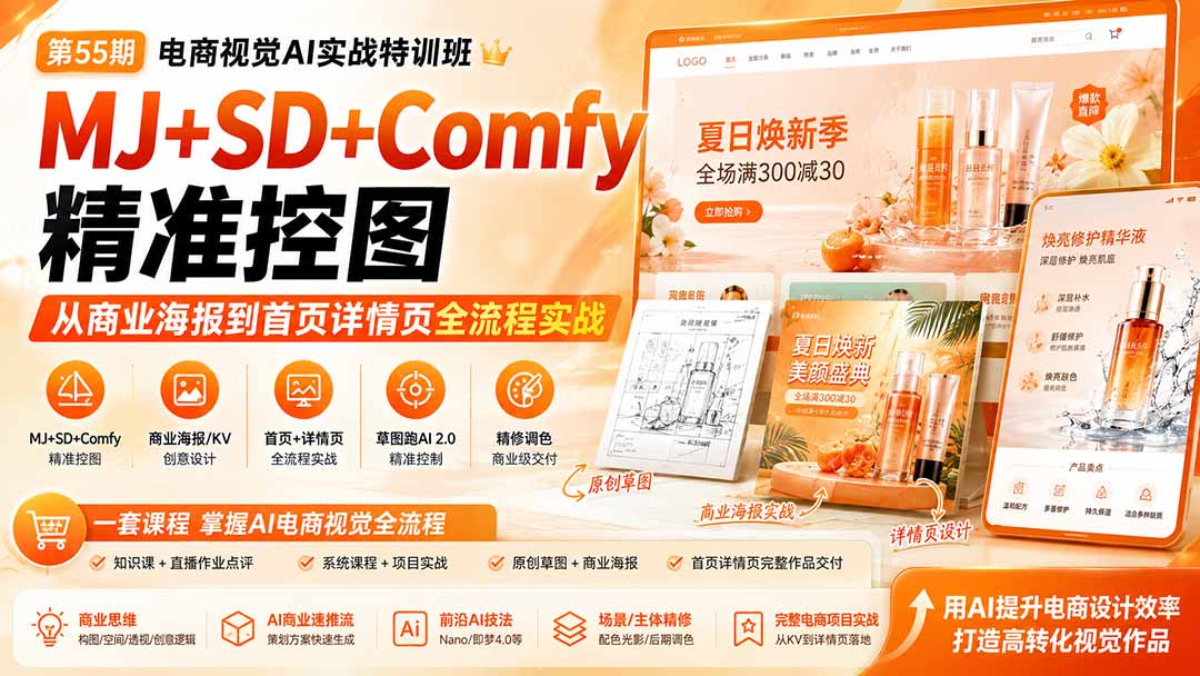 电商视觉 AI实战训练营第55期：MJ+SD+Comfy精准控图，从商业海报到首页详情页全流程实战-91副业网