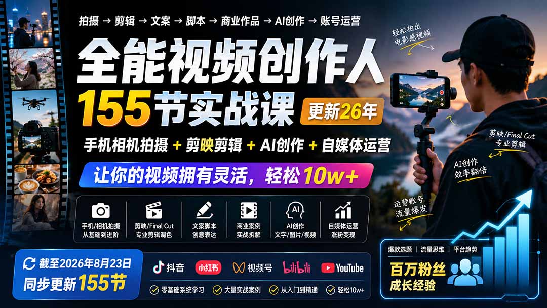全能视频创作人155节实战课-更新26年8月:手机相机拍摄+剪映剪辑+AI创作+自媒体运营,让你的视频拥有灵活,轻松10w-91副业网