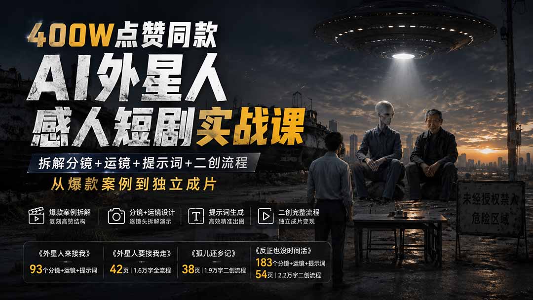 400W点赞同款AI外星人感人短剧实战课：拆解分镜+运镜+提示词+二创流程，从爆款案例到独立成片-91副业网