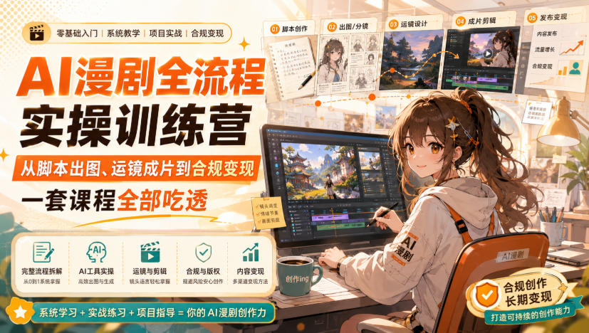 AI漫剧全流程实操训练营，从脚本出图、运镜成片到合规变现，一套课程全部吃透-91副业网
