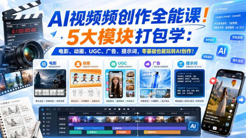 AI视频频创作全能课！5大模块打包学：电影、动画、UGC、广告、提示词，零基础也能玩转AI创作！【原创双语字幕】-91副业网