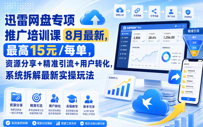 迅雷网盘专项推广培训课8月最新，最高15米/每单，资源分享+精准引流+用户转化，系统拆解最新实操玩法(更新0824)-91副业网