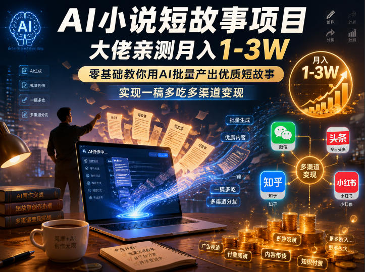 AI小说短故事项目，大佬亲测月入1-3W，零基础教你用AI批量产出优质短故事，实现一稿多吃多渠道变现(更新0824)-91副业网