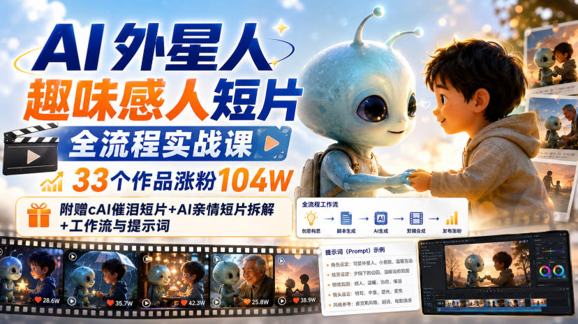 AI外星人趣味感人短片全流程实战课，33个作品涨粉104W，附赠AI催泪短片+AI亲情短片拆解+工作流与提示词-91副业网