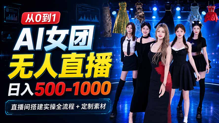 AI 女团无人直播，躺入500-1000每天，直播间搭建实操全流程+定制素材-91副业网