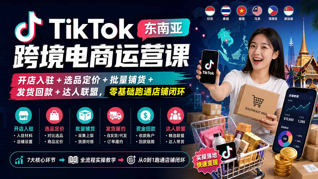 TikTok东南亚跨境电商运营课:开店入驻+选品定价+批量铺货+发货回款+达人联盟,零基础跑通店铺闭环-91副业网