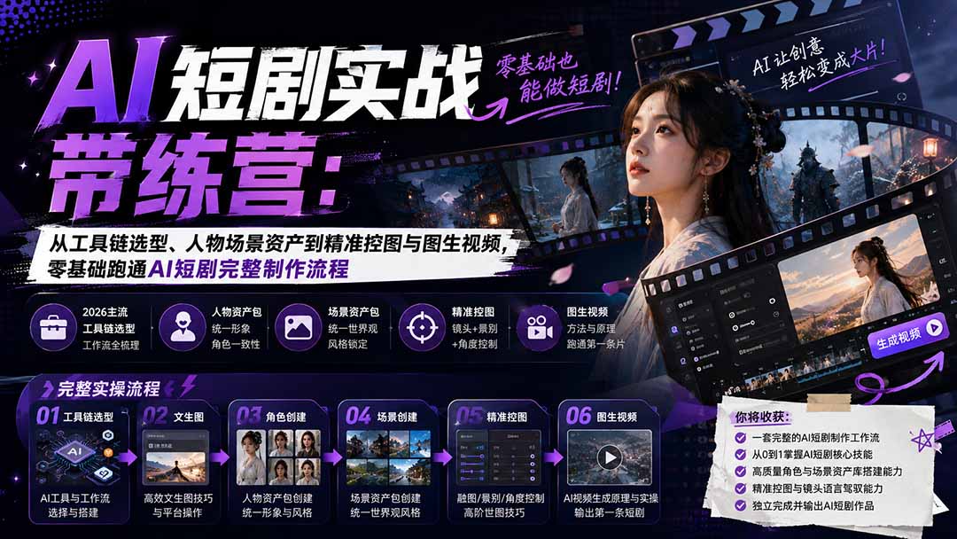 AI短剧实战训练营:从工具链选型、人物场景资产到精准控图与图生视频,零基础跑通AI短剧完整制作流程-91副业网