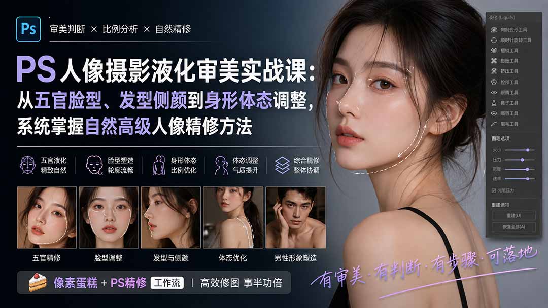 PS人像摄影液化审美实战课:从五官脸型、发型侧颜到身形体态调整,系统掌握自然高级人像精修方法-91副业网