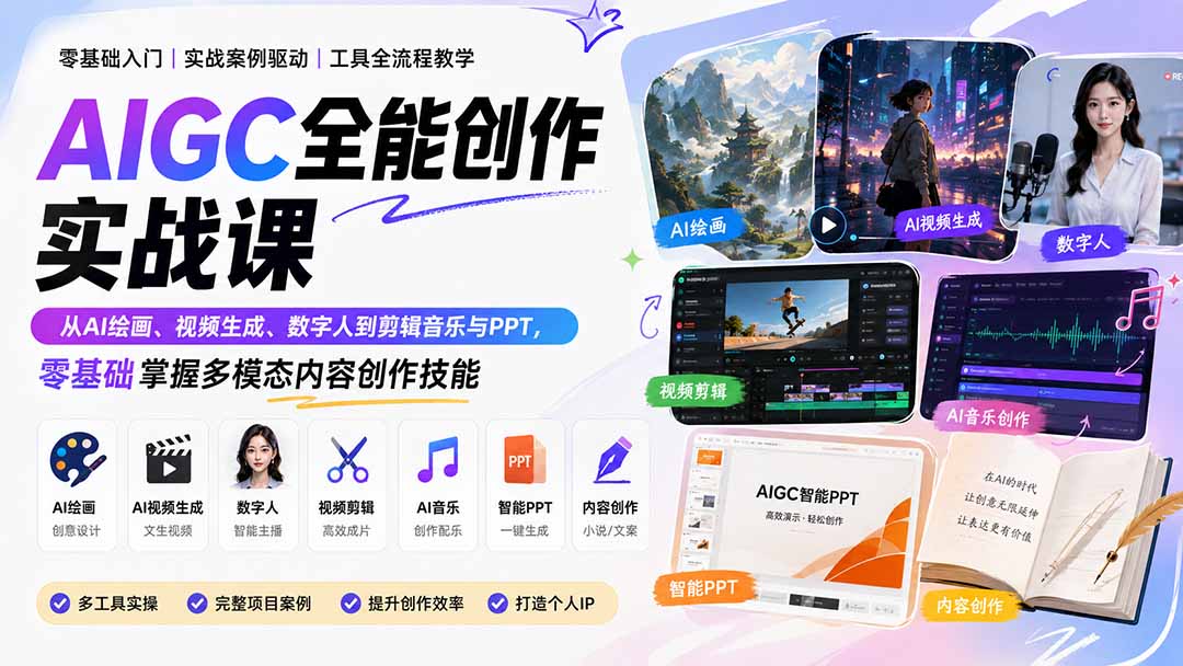 AIGC全能创作实战课：从AI绘画、视频生成、数字人到剪辑音乐与PPT，零基础掌握多模态内容创作技能-91副业网
