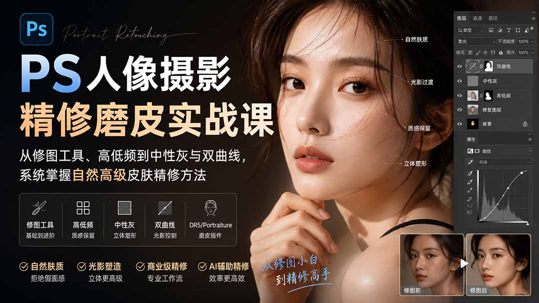 PS人像摄影精修磨皮实战课:从修图工具、高低频到中性灰与双曲线,系统掌握自然高级皮肤精修方法-91副业网