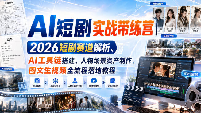 AI短剧实战带练营|2026短剧赛道解析、AI工具链搭建、人物场景资产制作、图文生视频全流程落地教程-91副业网