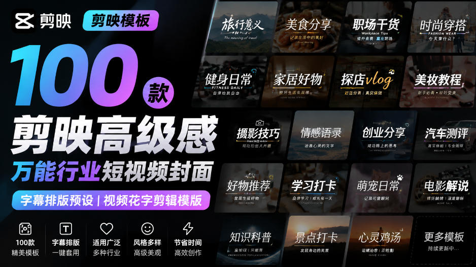 【剪映模板】100款剪映高级感万能行业短视频封面字幕排版预设视频花字剪辑模版-91副业网
