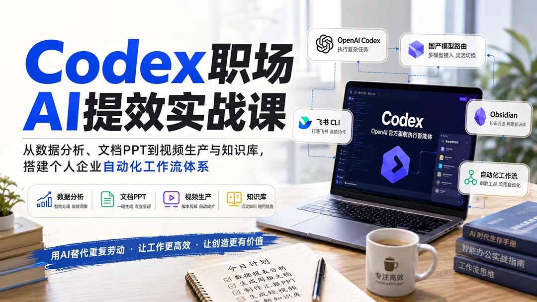Codex职场AI提效实战课:从数据分析、文档PPT到视频生产与知识库,搭建个人企业自动化工作流体系-91副业网
