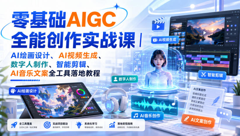 零基础AIGC全能创作实战课|AI绘画设计、AI视频生成、数字人制作、智能剪辑、AI音乐文案全工具落地教程-91副业网