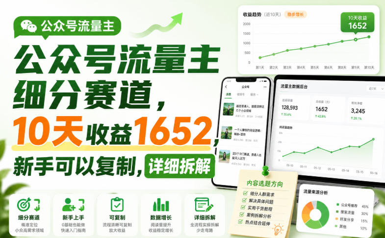 公众号流量主细分赛道,10天收益1652,新手可以复制,详细拆解-91副业网