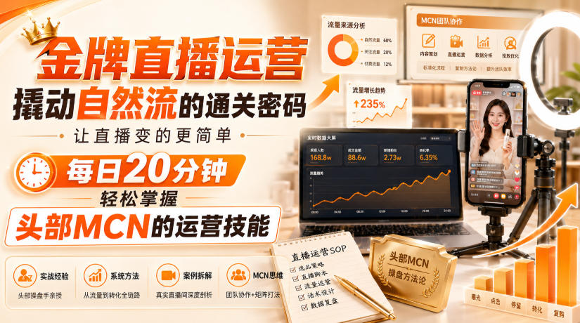 金牌直播运营撬动自然流的通关密码,让直播变的更简单,每日20分钟,轻松掌握头部MCN的运营技能-91副业网