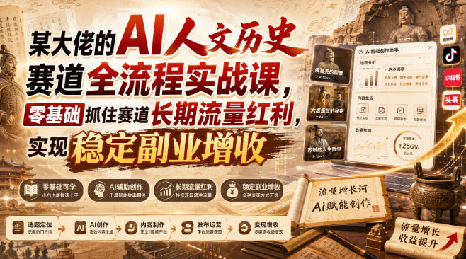 某大佬的AI人文历史赛道全流程实战课，零基础抓住赛道长期流量红利，实现稳定副业增收-91副业网