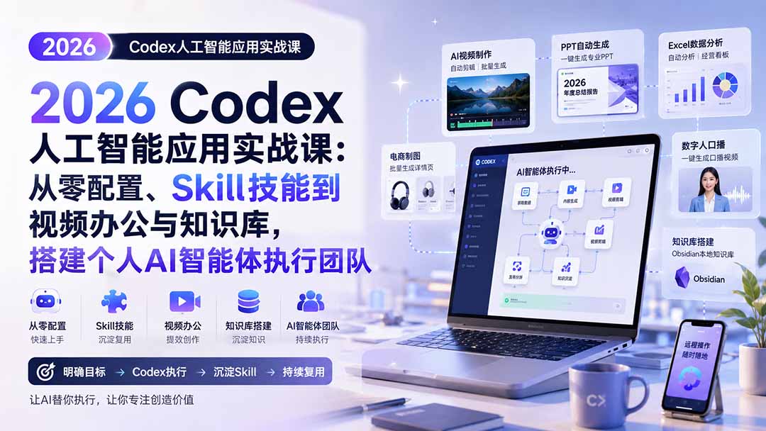 2026 Codex人工智能应用实战课：从零配置、Skill技能到视频办公与知识库，搭建个人AI智能体执行团队-91副业网