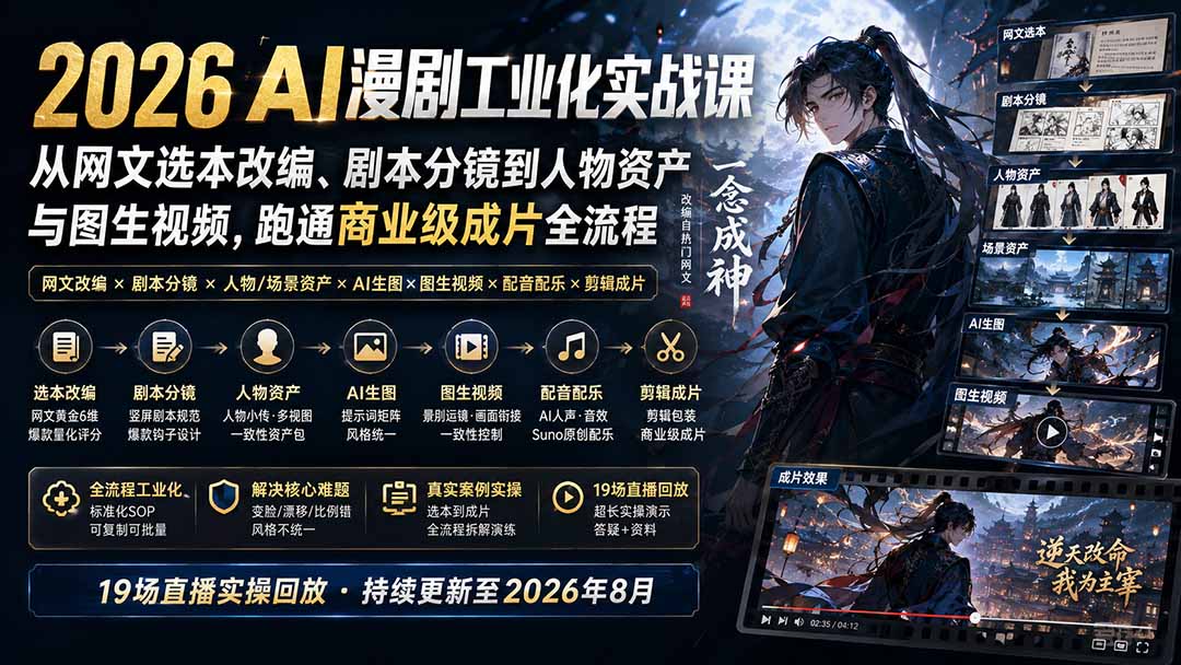 2026 AI漫剧工业化实战课-更新：从网文选本改编、剧本分镜到人物资产与图生视频，跑通商业级成片全流程-91副业网