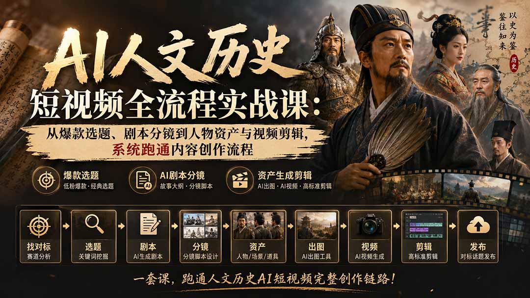 AI人文历史短视频全流程实战课：从爆款选题、剧本分镜到人物资产与视频剪辑，系统跑通内容创作流程-91副业网