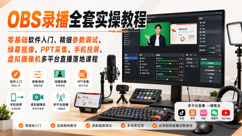 OBS录播全套实操教程｜零基础软件入门、精细参数调试、绿幕抠像、手机投屏、虚拟摄像机多平台直播落地课程-91副业网