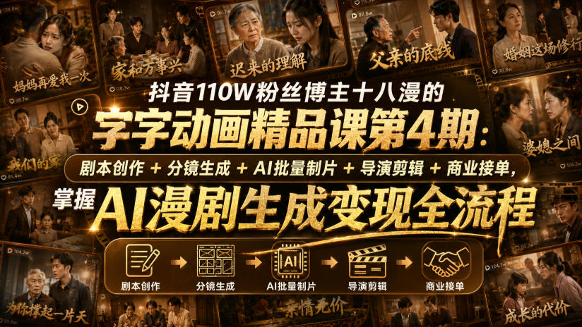 抖音110W粉丝博主十八漫的字字动画精品课第4期：剧本创作+分镜生成+剪辑+商业接单，掌握AI漫剧生成变现全流程-91副业网