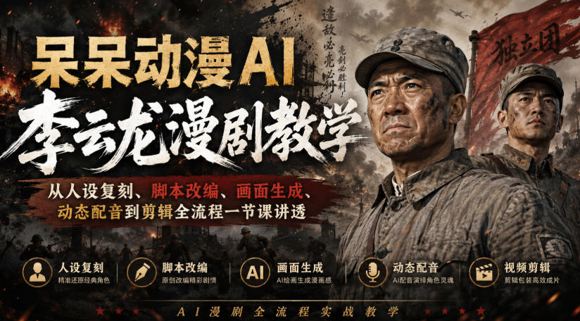 呆呆动漫AI李云龙漫剧教学，从人设复刻、脚本改编、画面生成、动态配音到剪辑全流程一节课讲透-91副业网