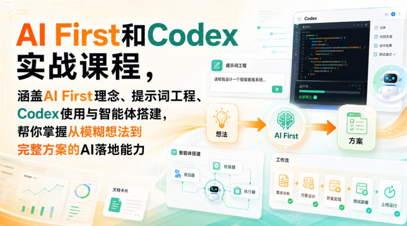AI First和Codex实战课，涵盖AI First理念、提示词工程、Codex使用与智能体搭建，掌握从模糊想法到完整方案的AI落地能力-91副业网